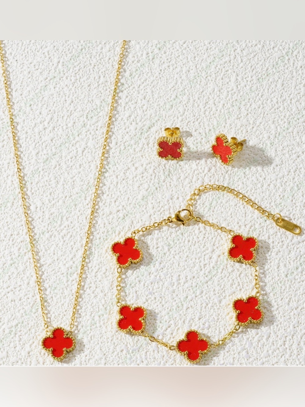 Lucky Clover Necklace Earrings Bracelet Red Set 18K Gold Plated

Jewelry Set